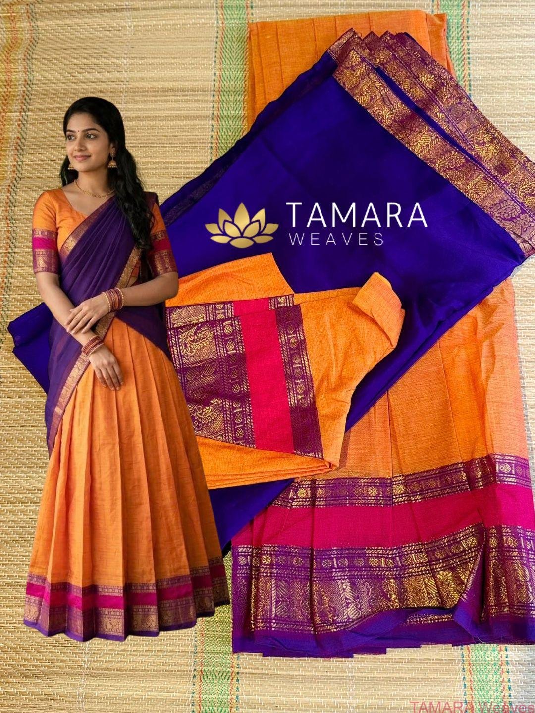 Kanchi Cotton Half Saree in Australia- Mango Yellow, Pink and Violet - Image 3