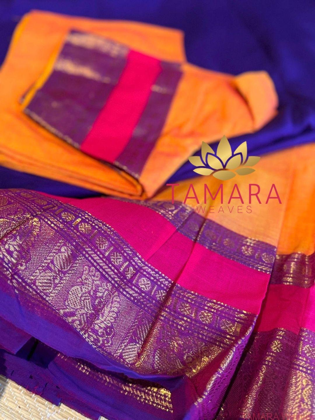 Kanchi Cotton Half Saree in Australia- Mango Yellow, Pink and Violet - Image 4