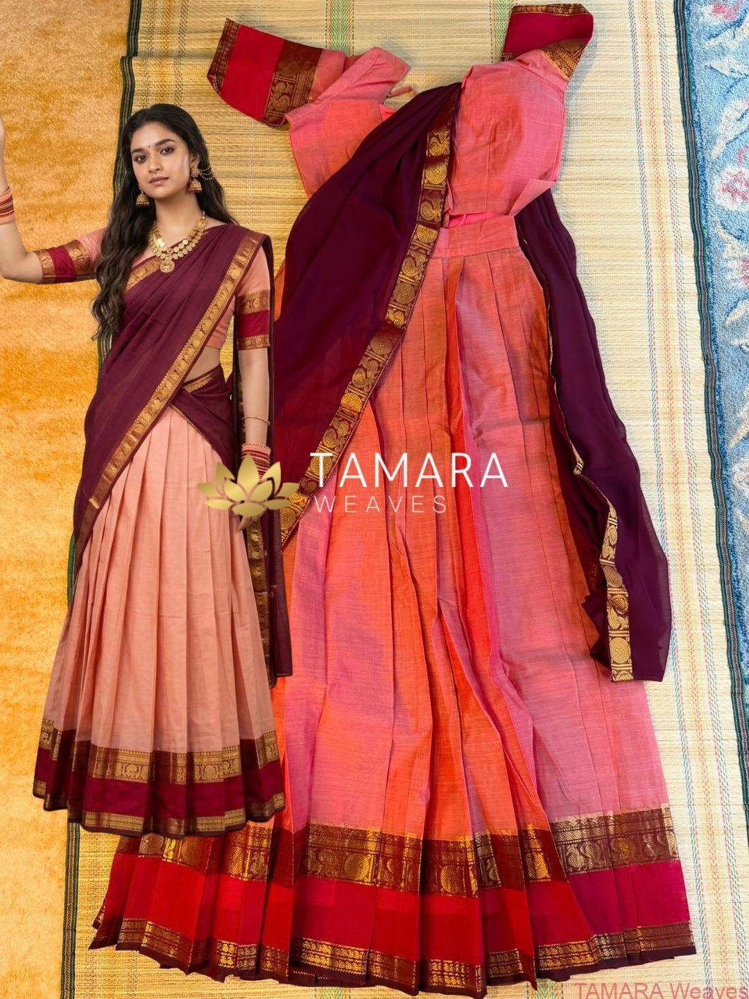 Tamil Style Kanchi Cotton Half Saree in Australia- Pink and Maroon