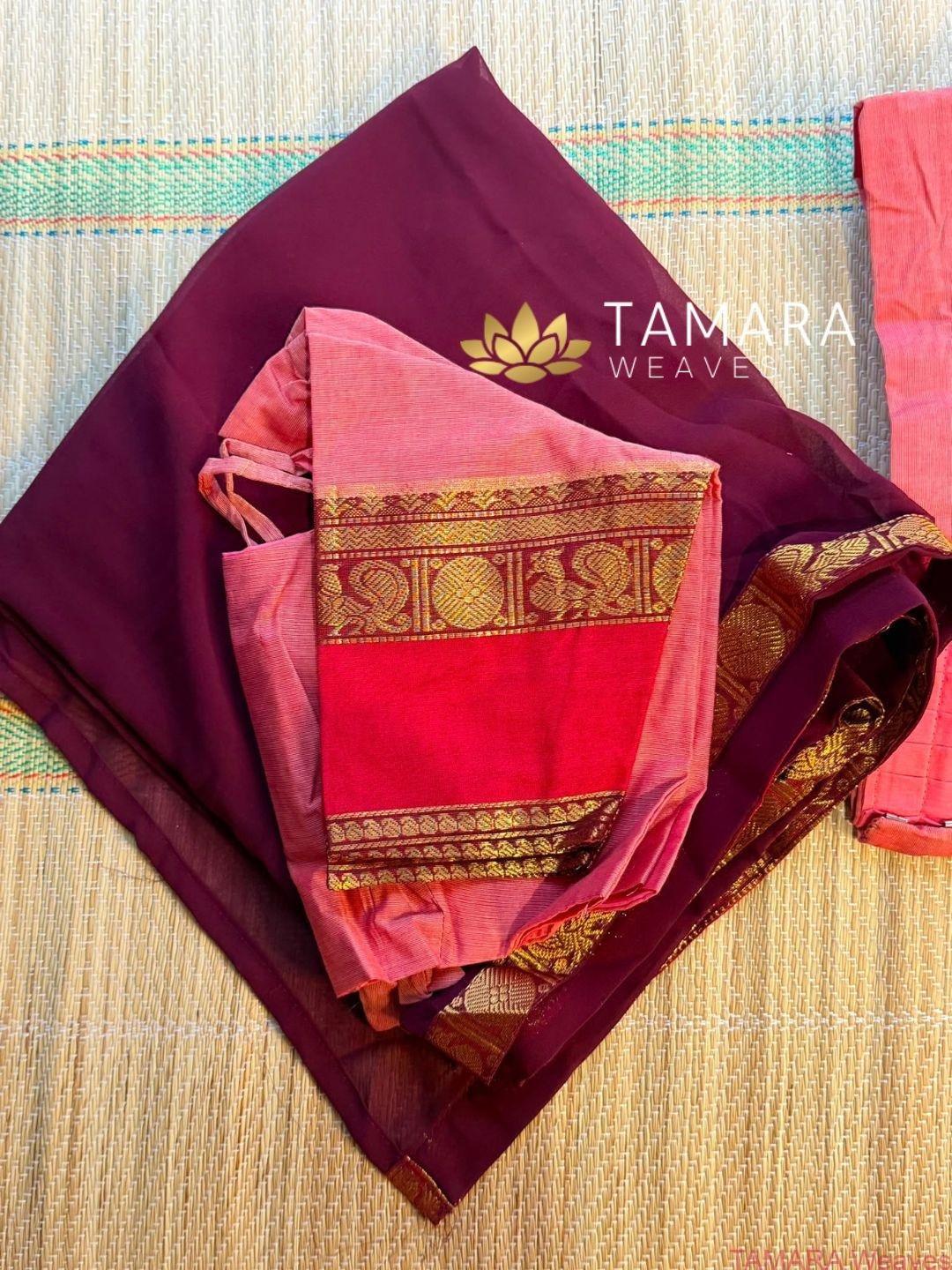 Tamil Style Kanchi Cotton Half Saree in Australia- Pink and Maroon - Image 3