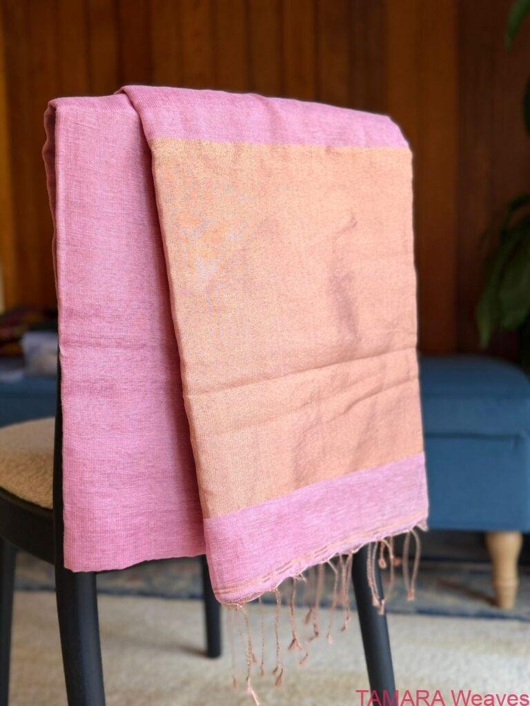 JAYASREE LINEN SAREE in Australia- thin zari border - Light Pink
