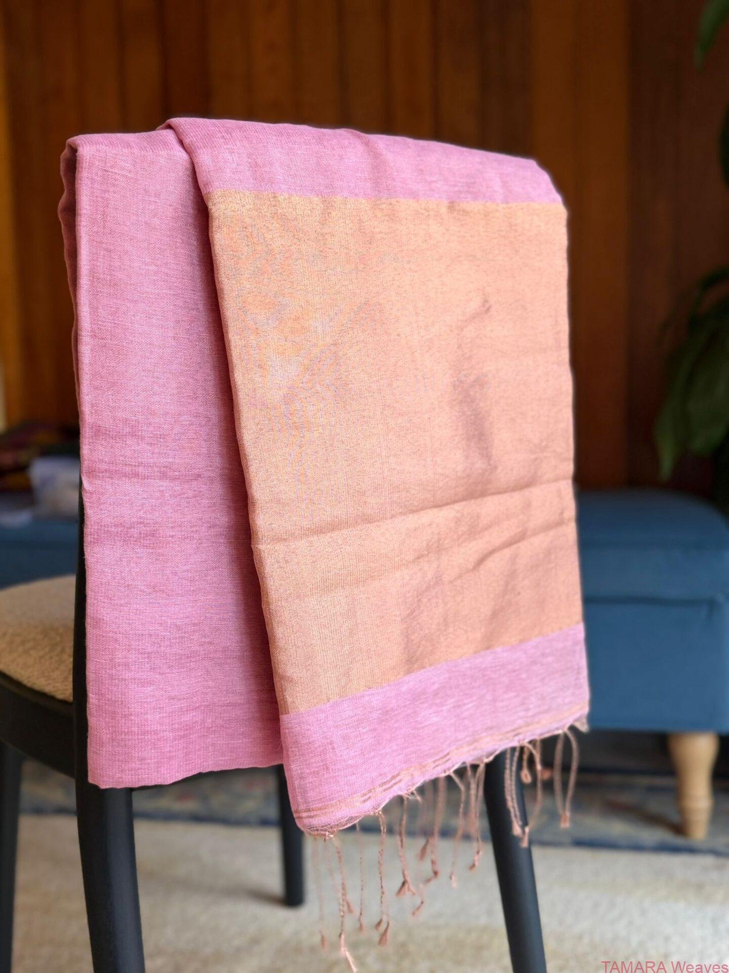 JAYASREE LINEN SAREE in Australia- thin zari border - Light Pink