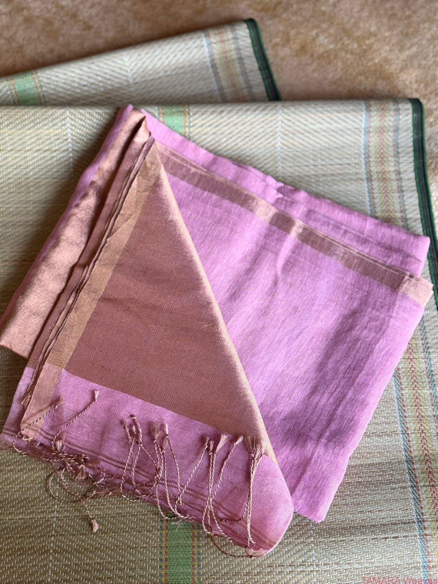 JAYASREE LINEN SAREE in Australia- thin zari border - Light Pink - Image 2