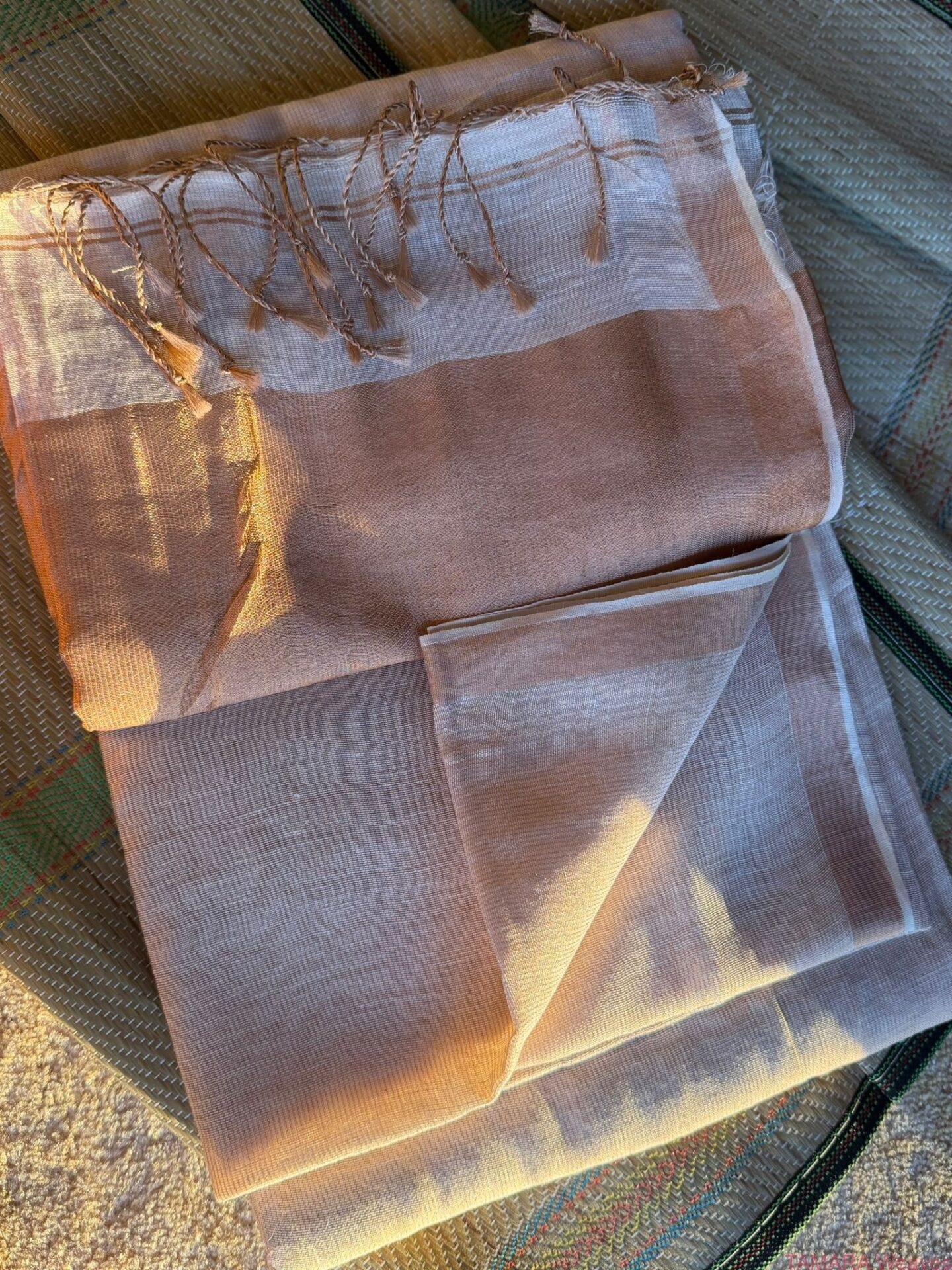 JAYASREE LINEN SAREE in Australia- thin zari border - Almond - Image 2