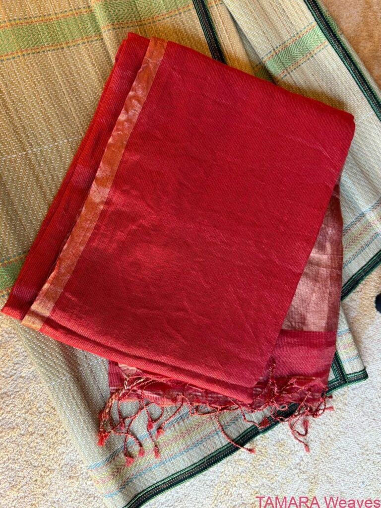 JAYASREE LINEN SAREE in Australia- thin zari border - Red