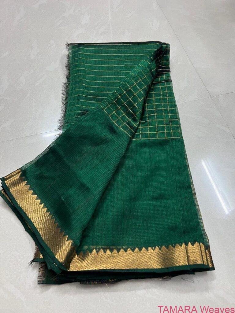 Tamara Weaves Green Mangalgiri Checks Zari Saree- Handloom - in Australia