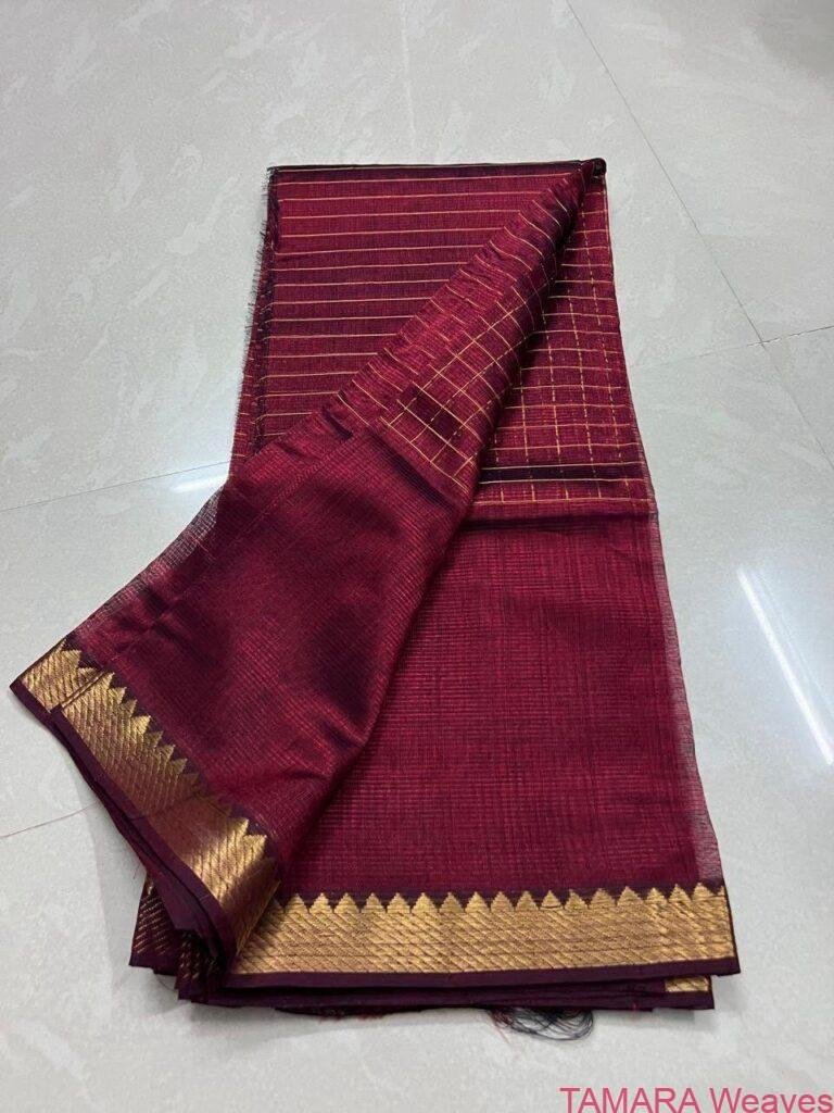 Tamara Weaves Maroon Mangalgiri Checks Zari Saree- Handloom - in Australia