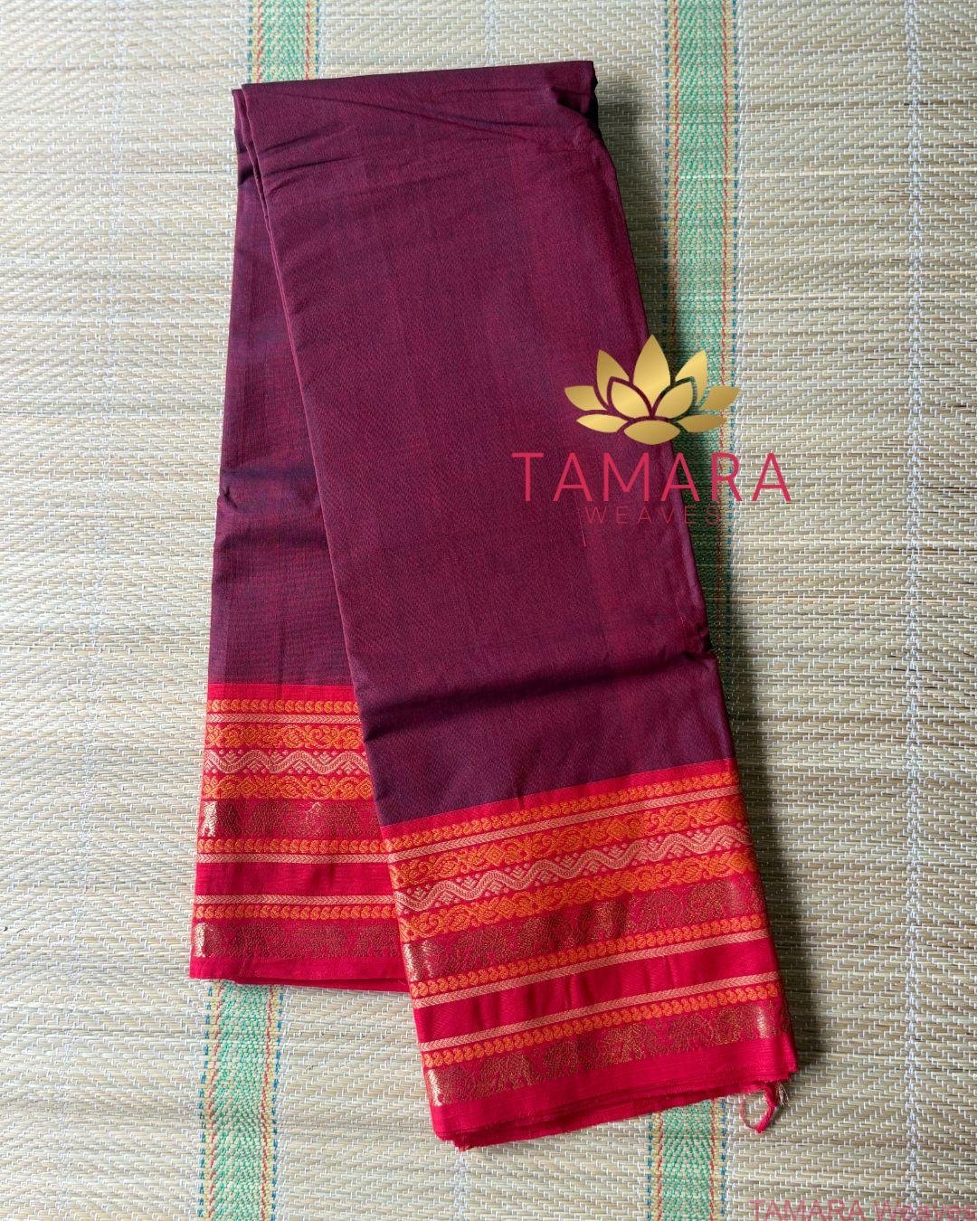 "Maroon kanchi cotton saree with red traditional border in Australia" - Elephant motif border - Image 4