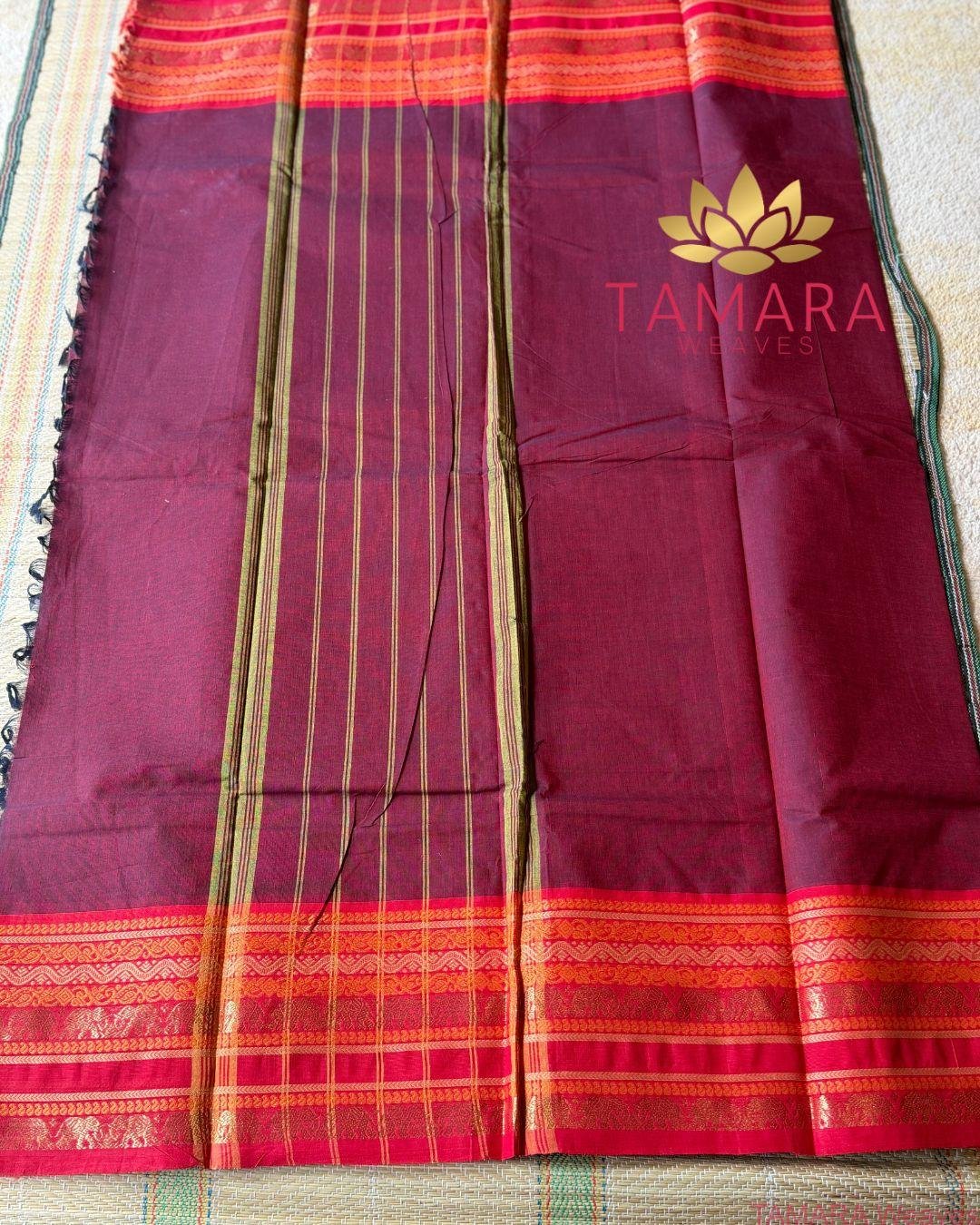 "Maroon kanchi cotton saree with red traditional border in Australia" - Elephant motif border - Image 3