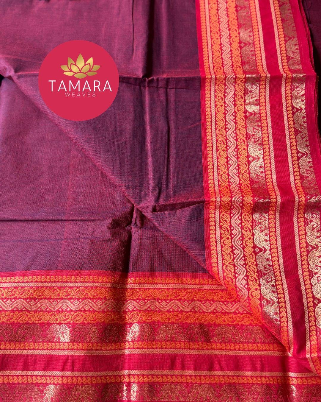 "Maroon kanchi cotton saree with red traditional border in Australia" - Elephant motif border - Image 2