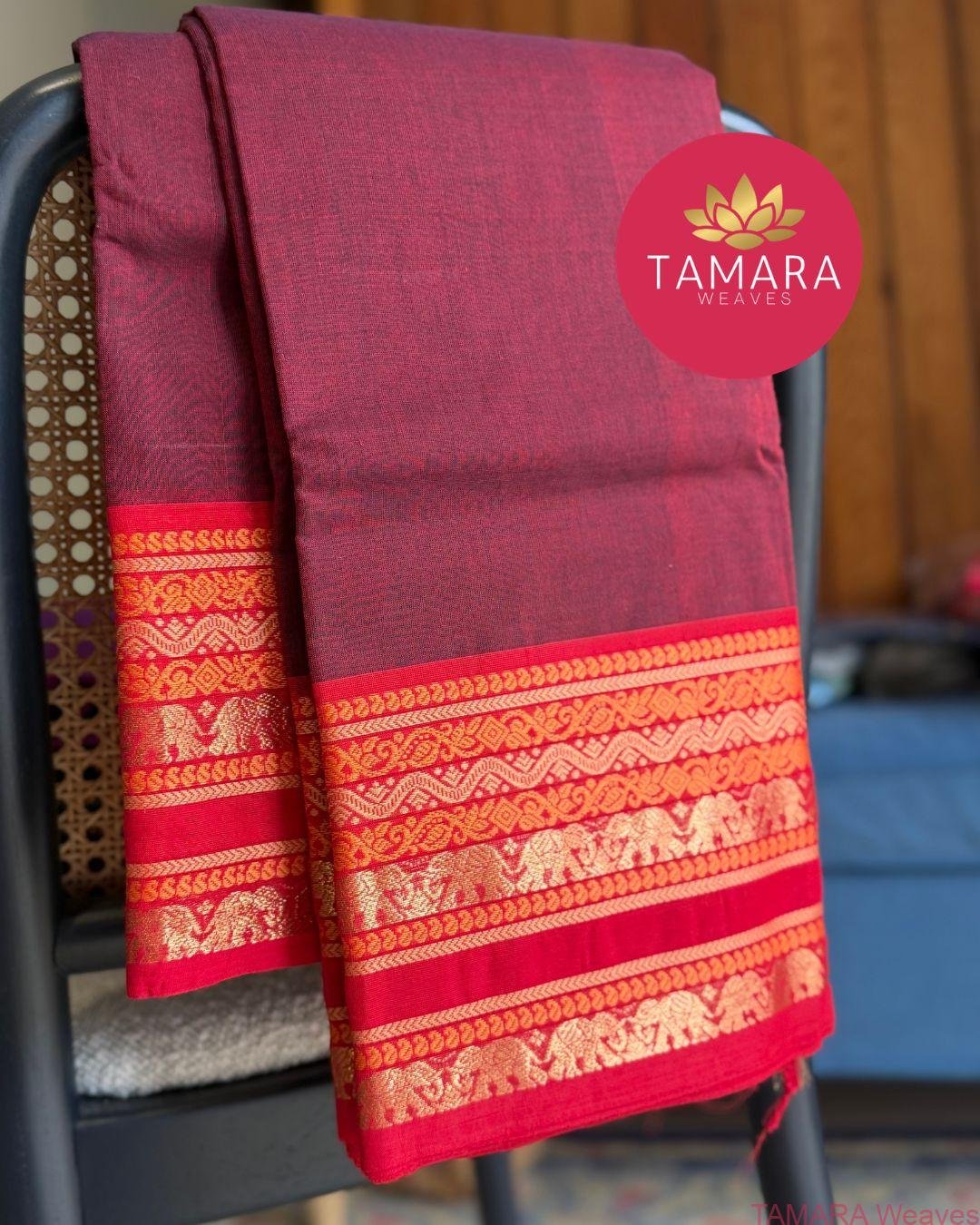 "Maroon kanchi cotton saree with red traditional border in Australia" - Elephant motif border - Image 5