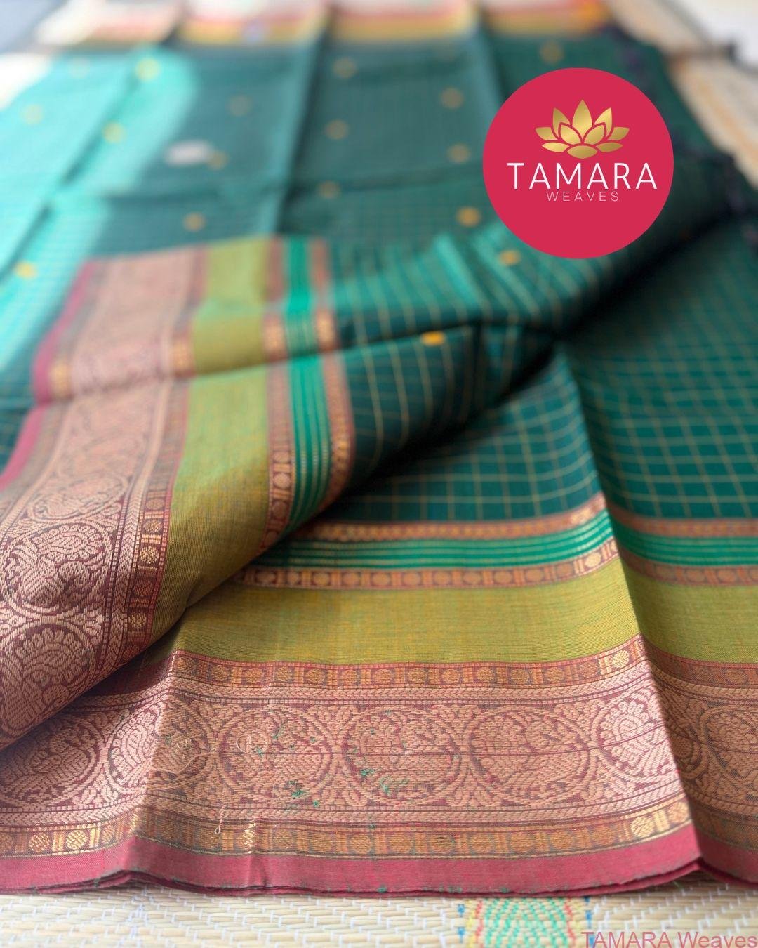 "Forest Green kanchi cotton saree with olive and red traditional border in Australia" - Image 2