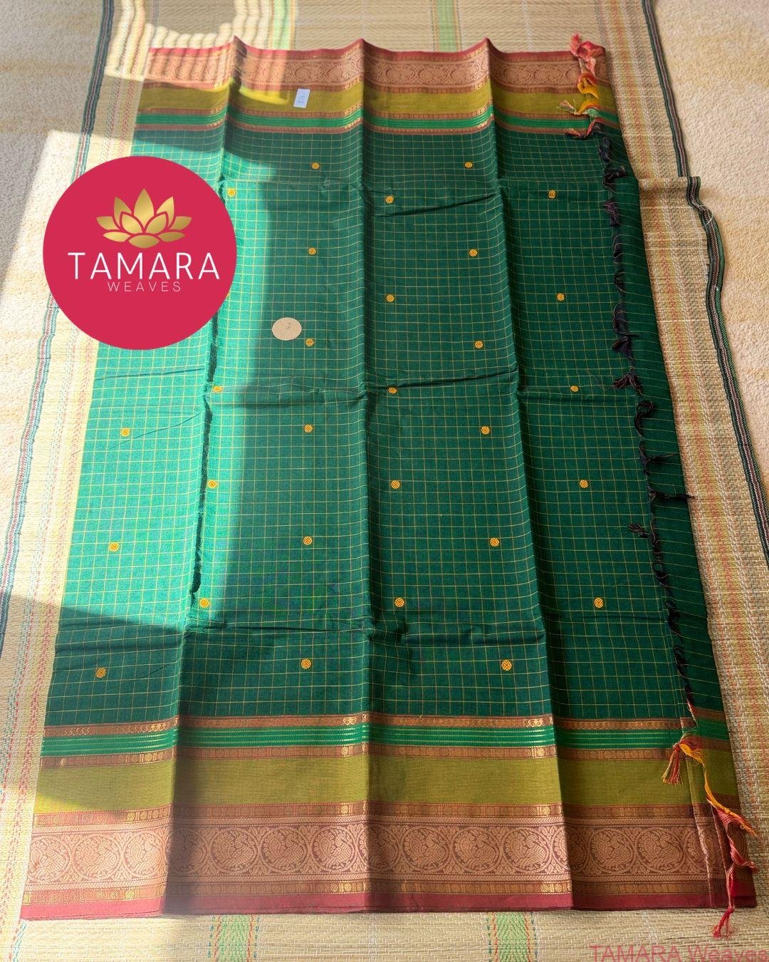 "Forest Green kanchi cotton saree with olive and red traditional border in Australia" - Image 4