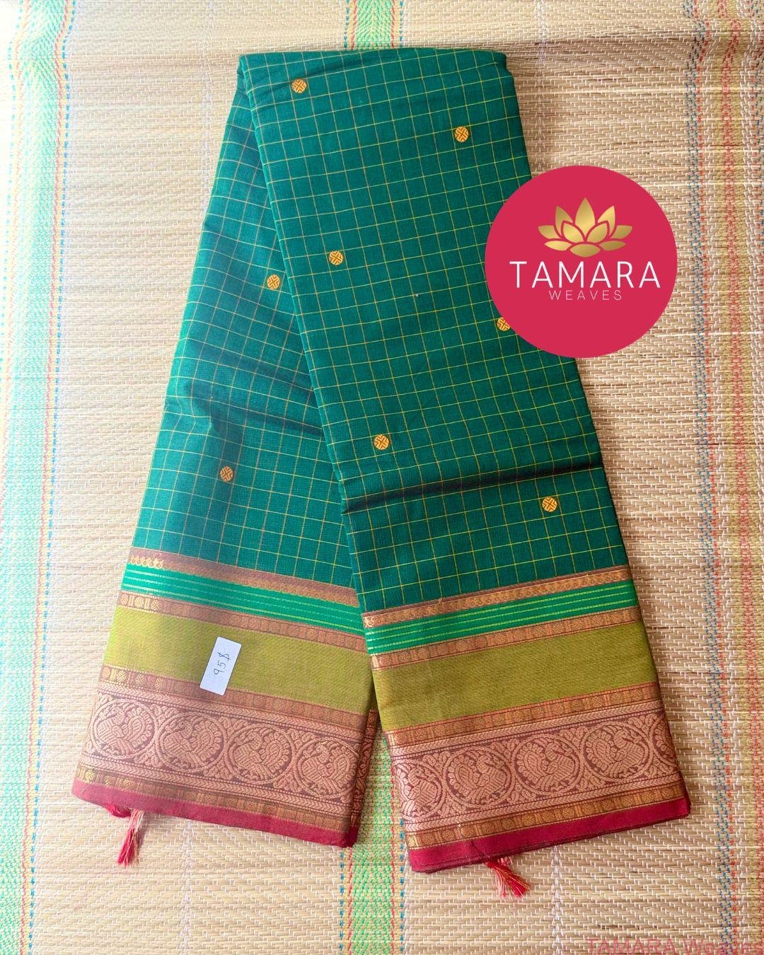 "Forest Green kanchi cotton saree with olive and red traditional border in Australia" - Image 3