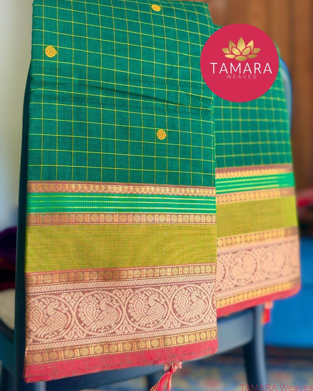 "Forest Green kanchi cotton saree with olive and red traditional border in Australia"