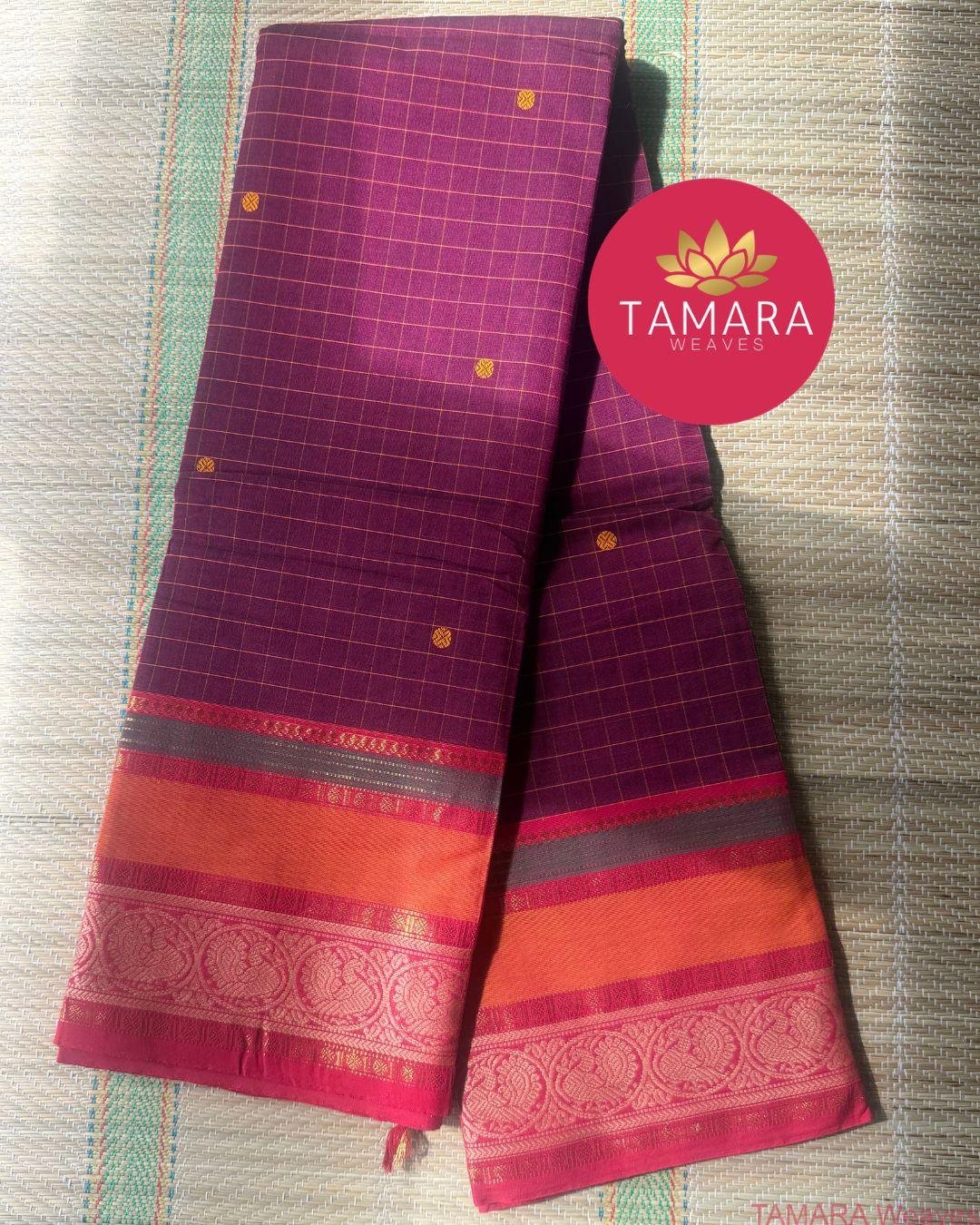 "Maroon kanchi cotton saree with orange and red traditional border in Australia" - Image 4