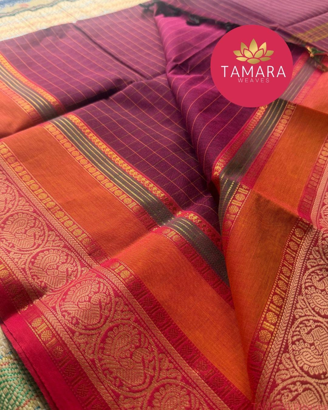 "Maroon kanchi cotton saree with orange and red traditional border in Australia" - Image 3