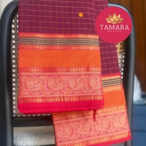 "Maroon kanchi cotton saree with orange and red traditional border in Australia"
