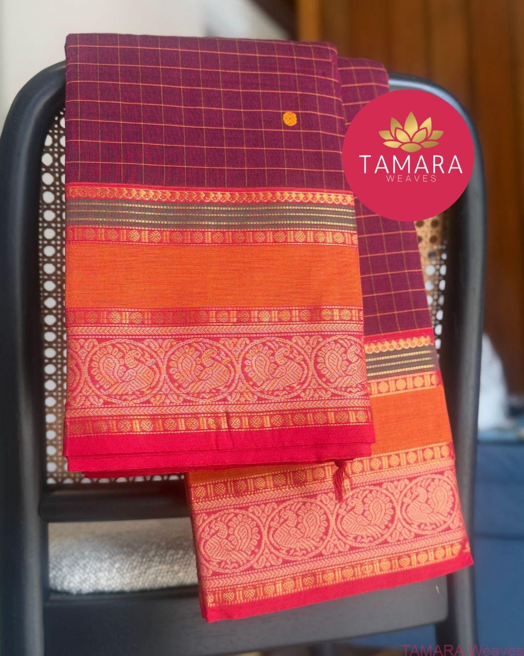 "Maroon kanchi cotton saree with orange and red traditional border in Australia"