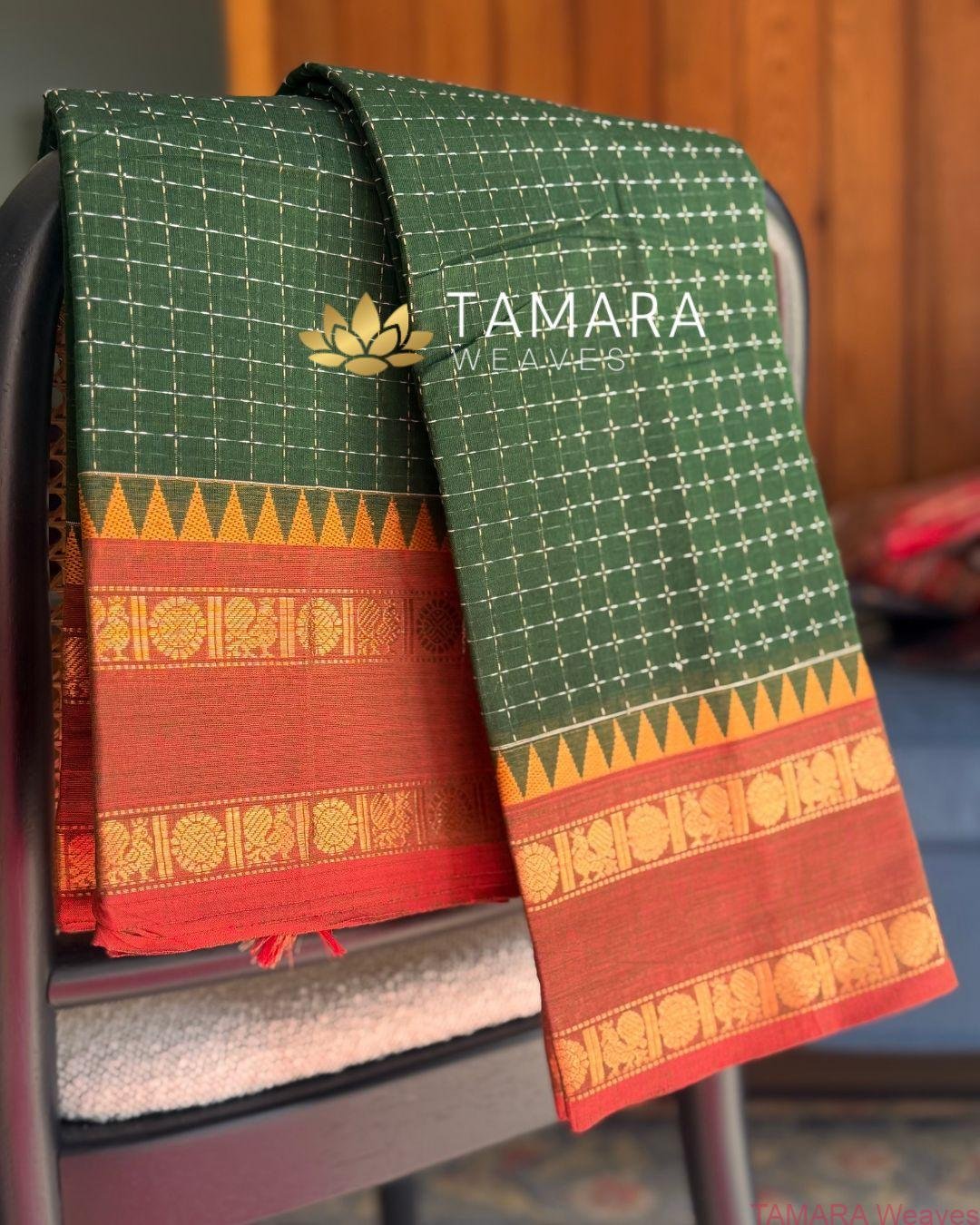 "Forest Green kanchi cotton saree with red traditional border in Australia" - Image 4