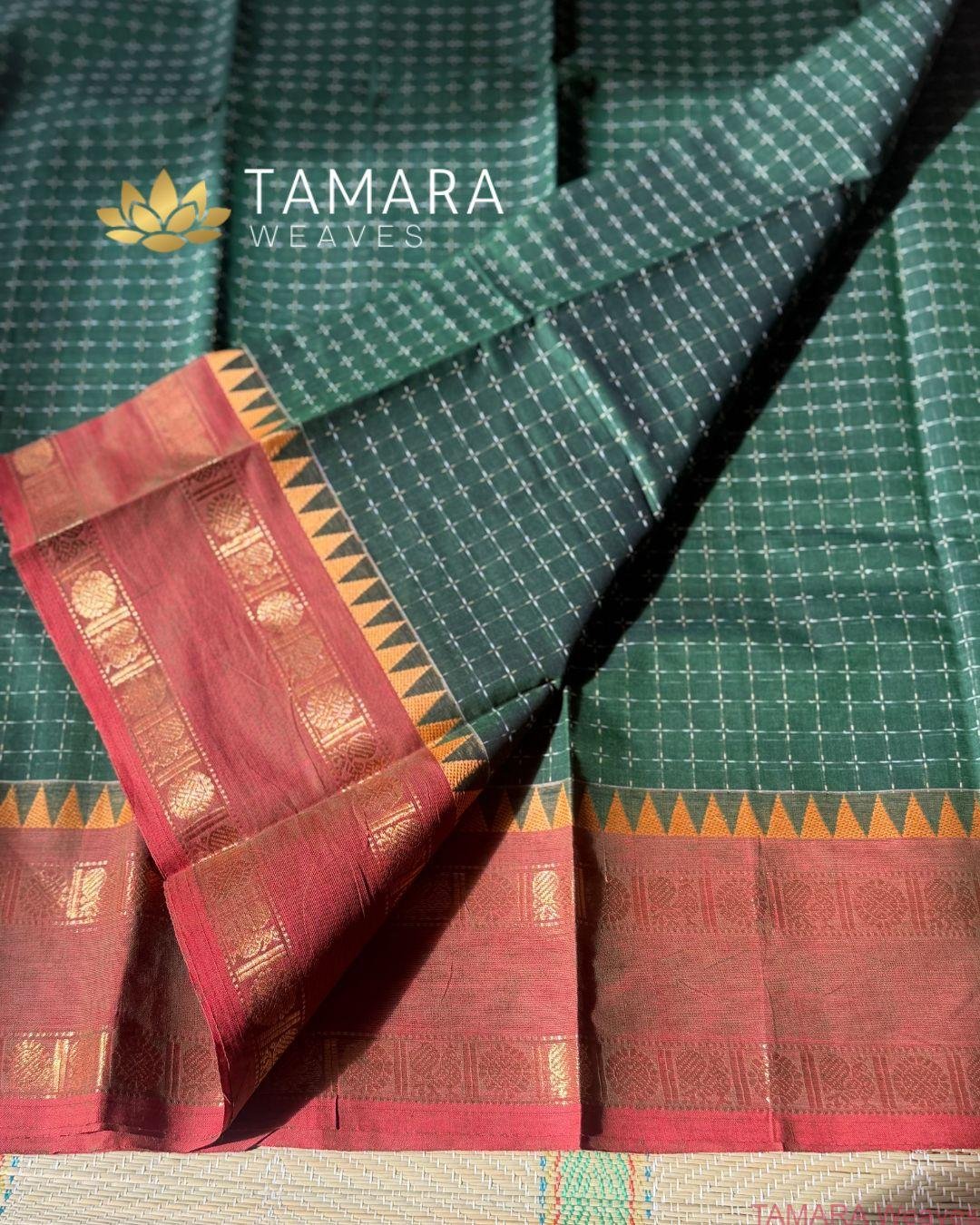 "Forest Green kanchi cotton saree with red traditional border in Australia"