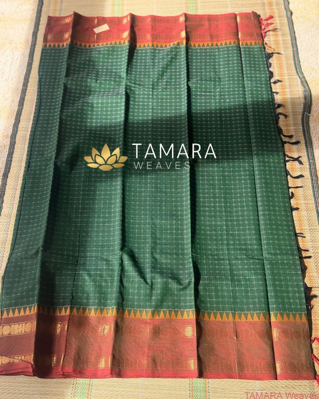 "Forest Green kanchi cotton saree with red traditional border in Australia" - Image 2