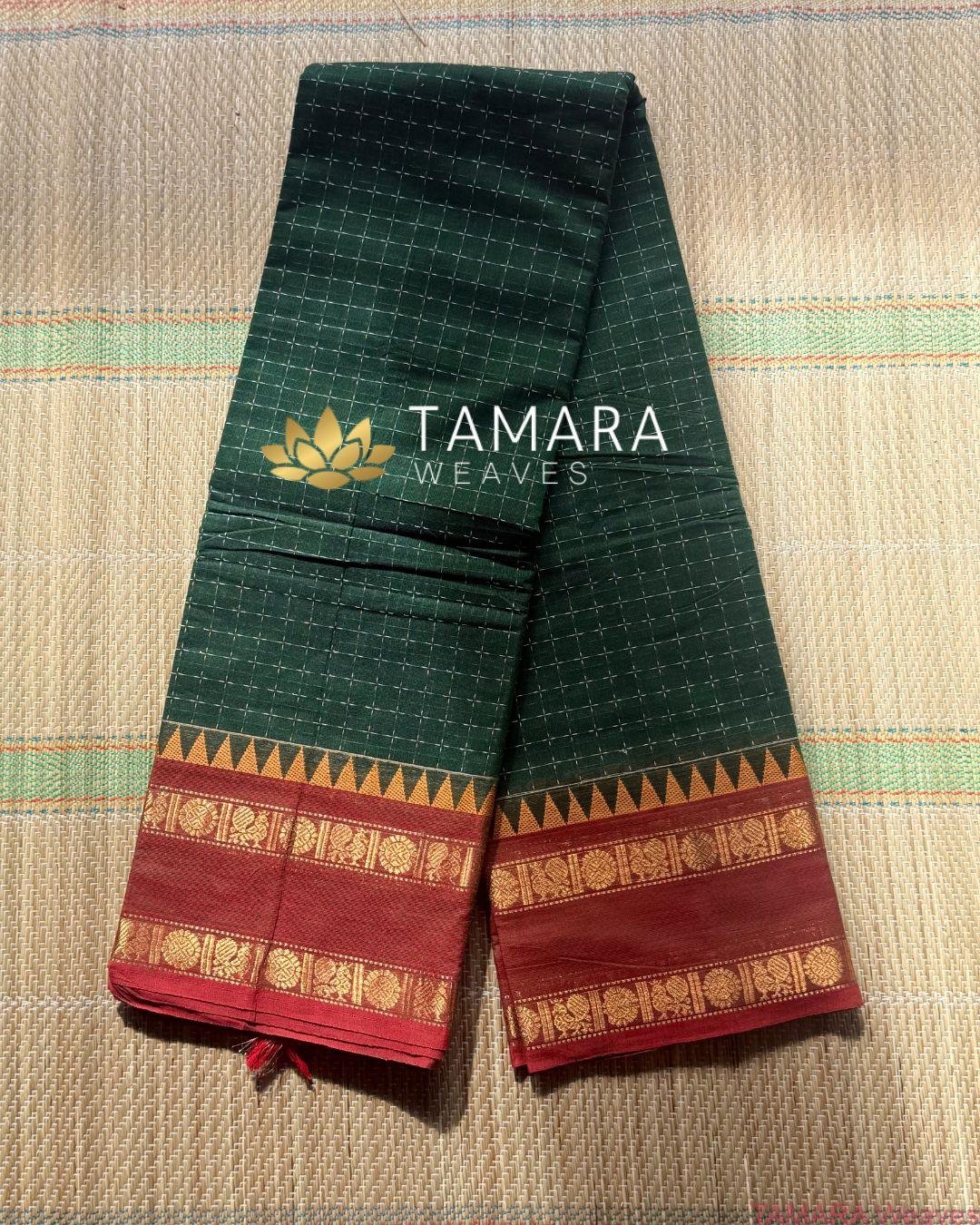 "Forest Green kanchi cotton saree with red traditional border in Australia" - Image 3
