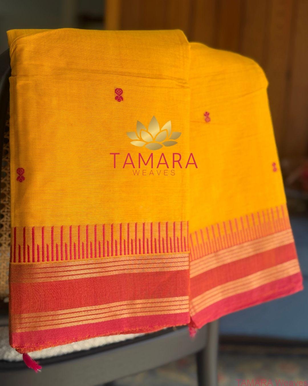 "Classic yellow kanchi cotton saree with rani pink traditional border in Australia" - Image 3