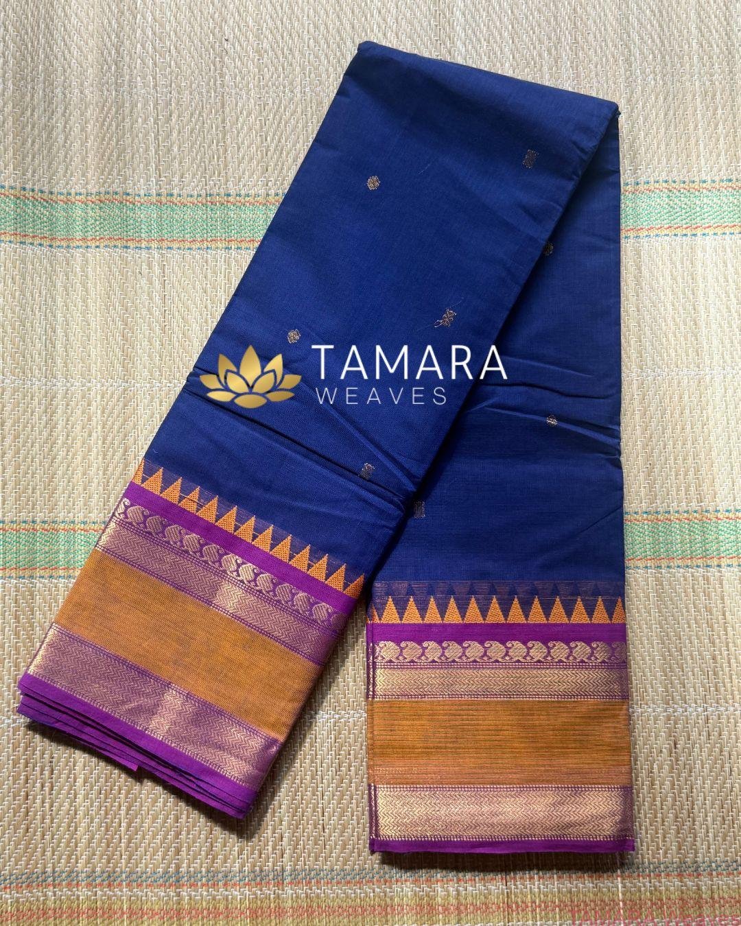 "Navy blue kanchi cotton saree with orange and pink traditional border in Australia"