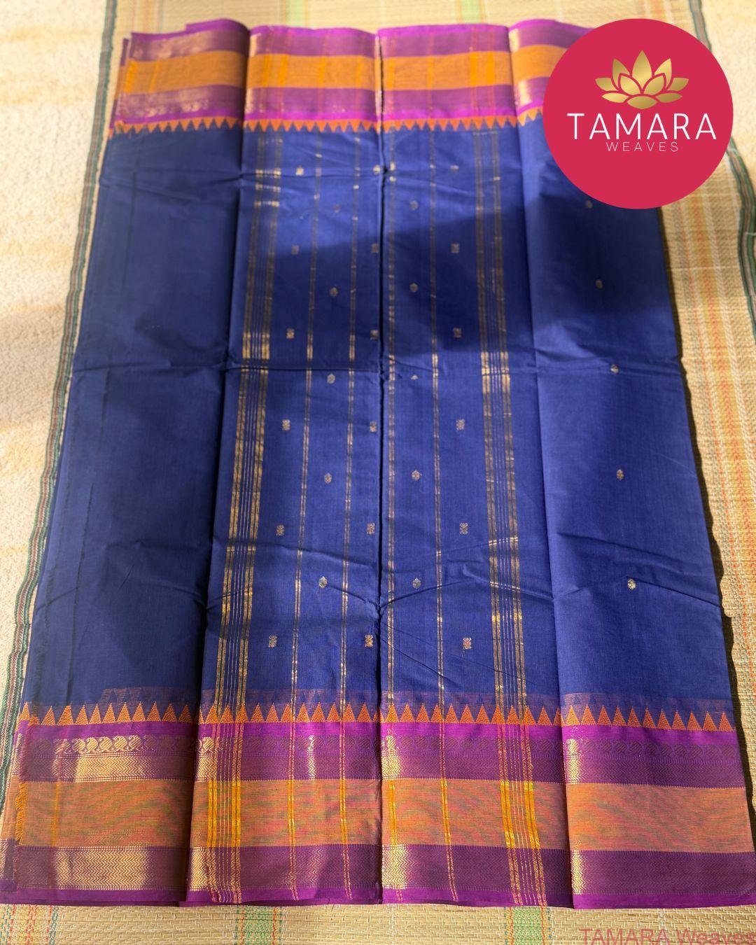 "Navy blue kanchi cotton saree with orange and pink traditional border in Australia" - Image 3