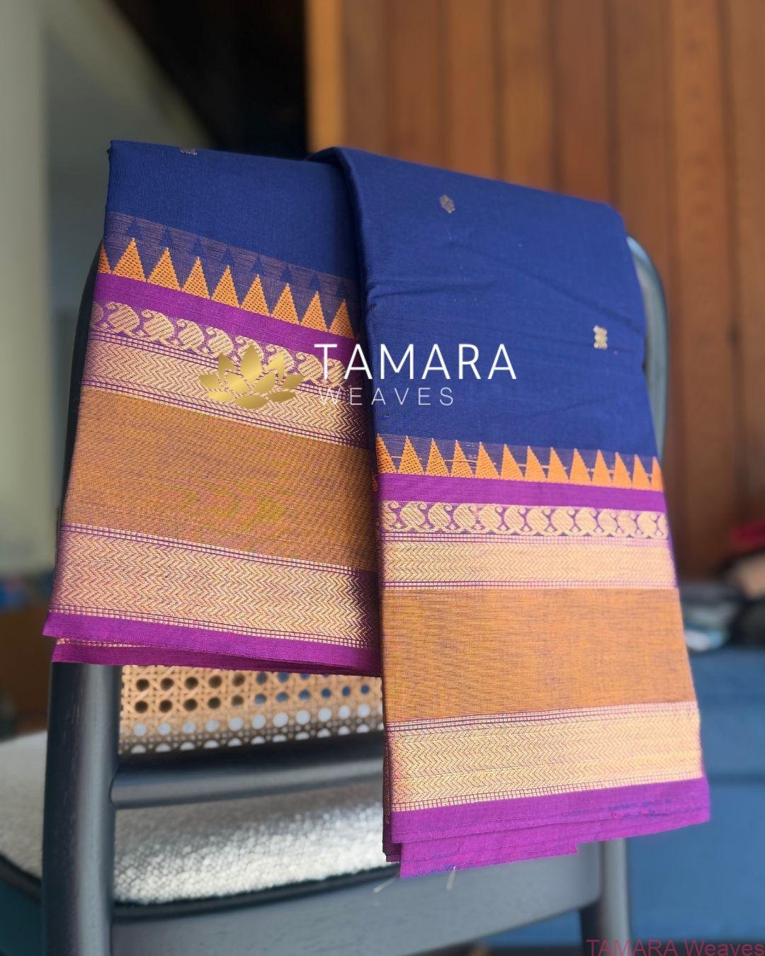 "Navy blue kanchi cotton saree with orange and pink traditional border in Australia" - Image 2