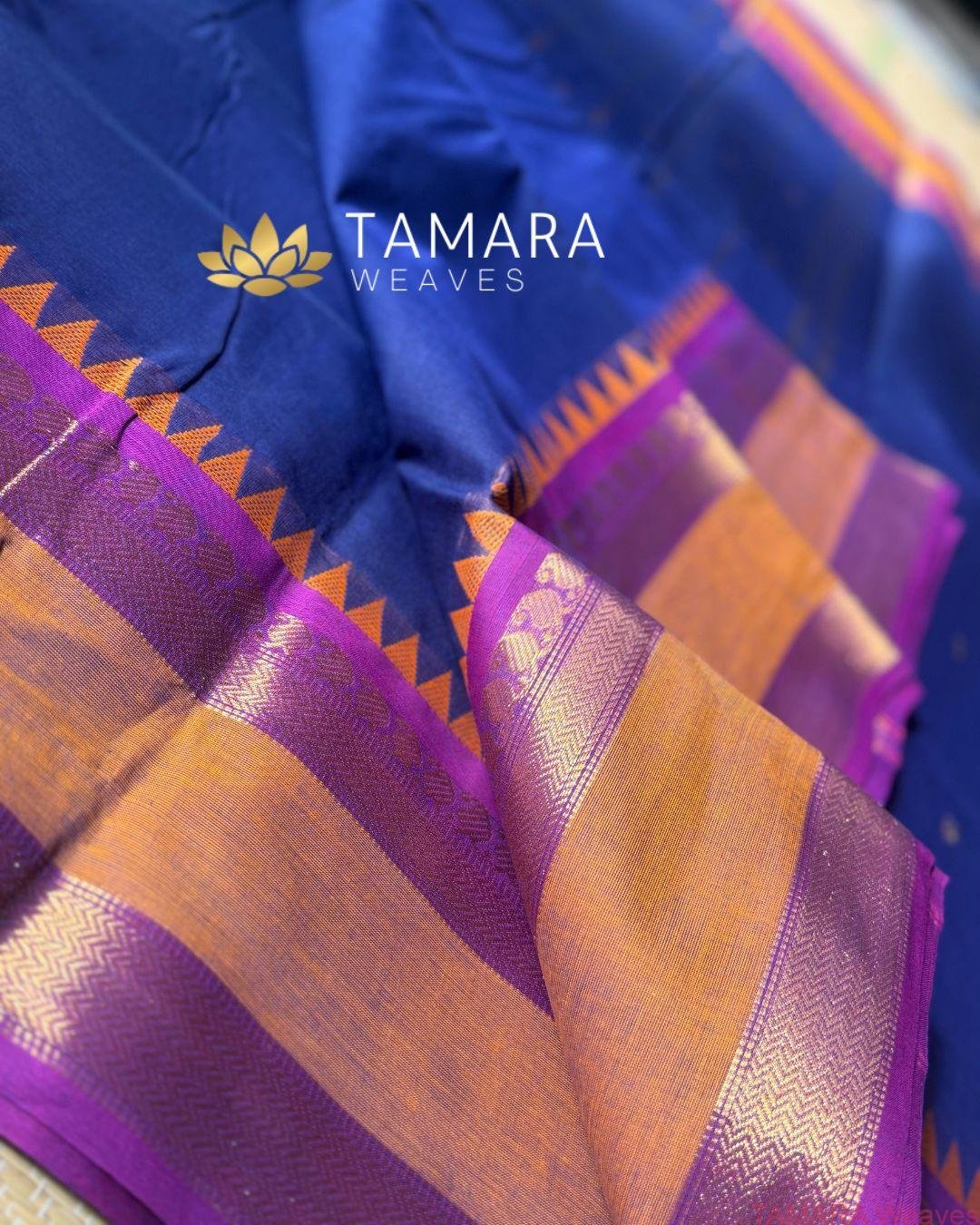 "Navy blue kanchi cotton saree with orange and pink traditional border in Australia" - Image 4