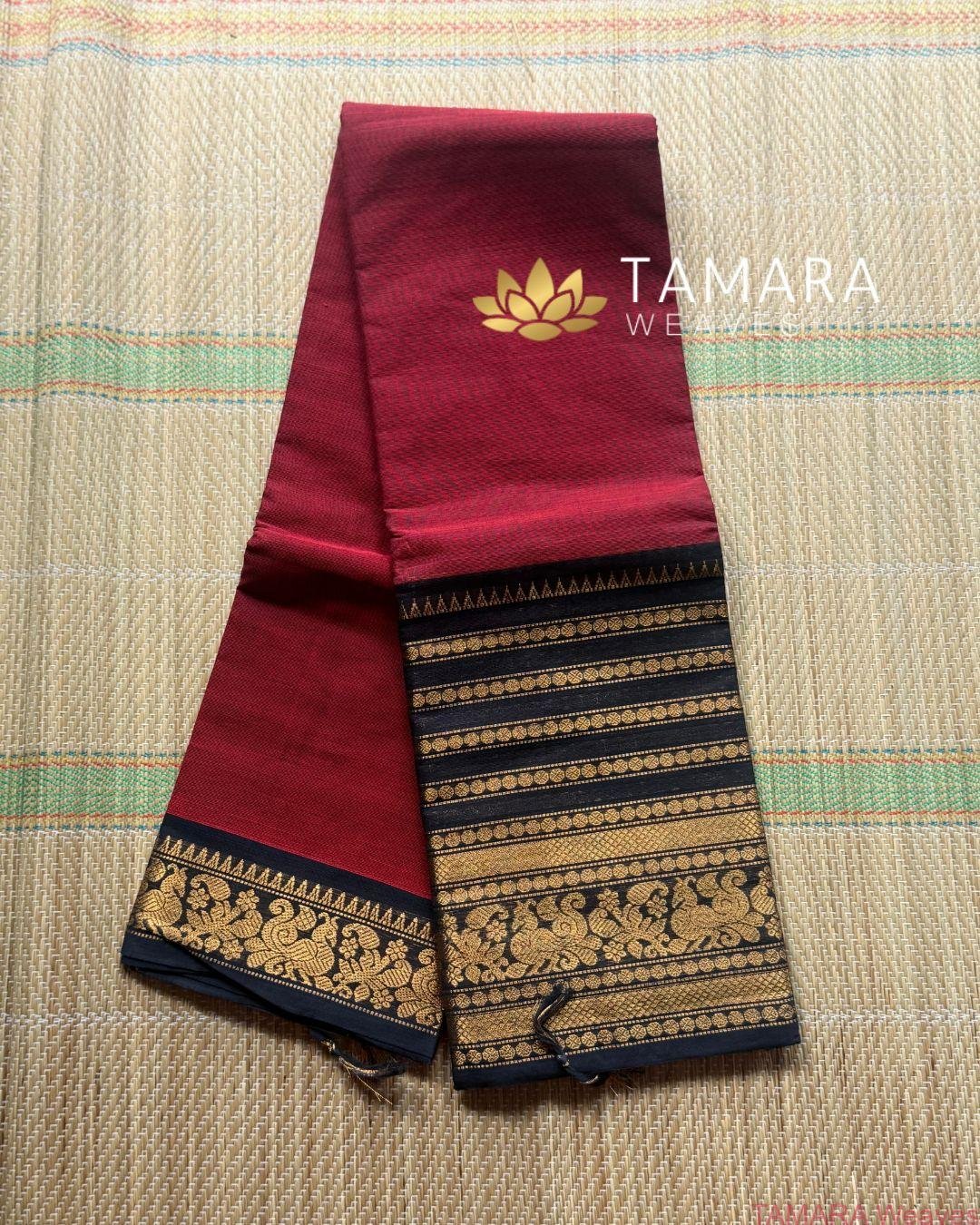"Maroon kanchi cotton saree with black traditional border in Australia" - Image 4