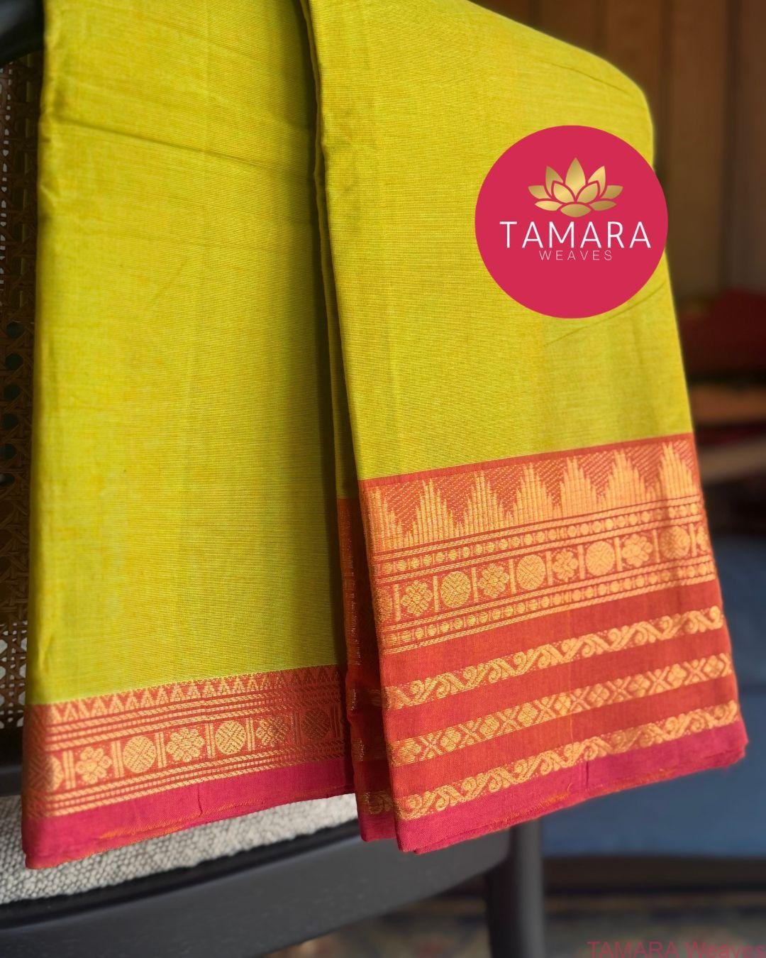 "lime yellow kanchi cotton saree with pink traditional border in Australia" - Image 4