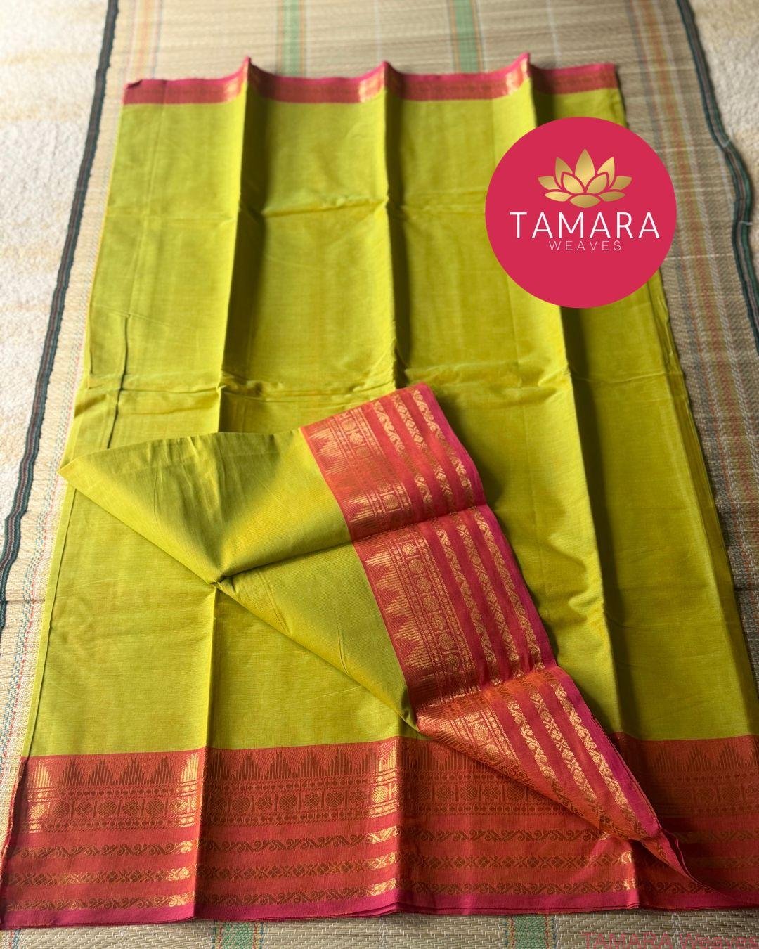 "lime yellow kanchi cotton saree with pink traditional border in Australia" - Image 2