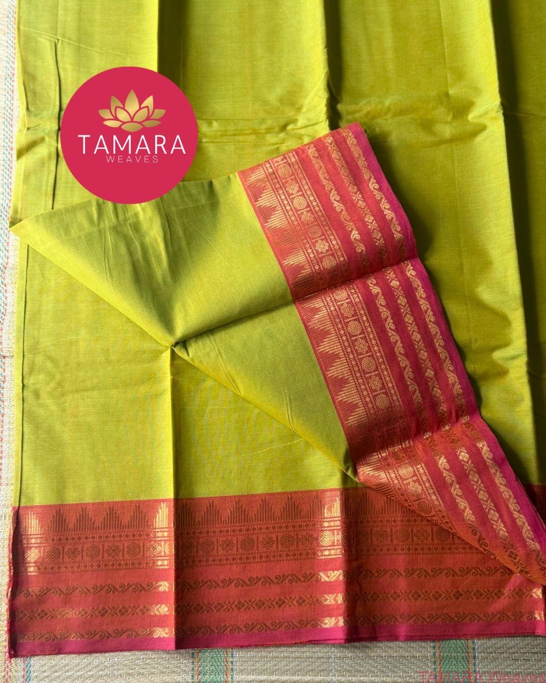"lime yellow kanchi cotton saree with pink traditional border in Australia"