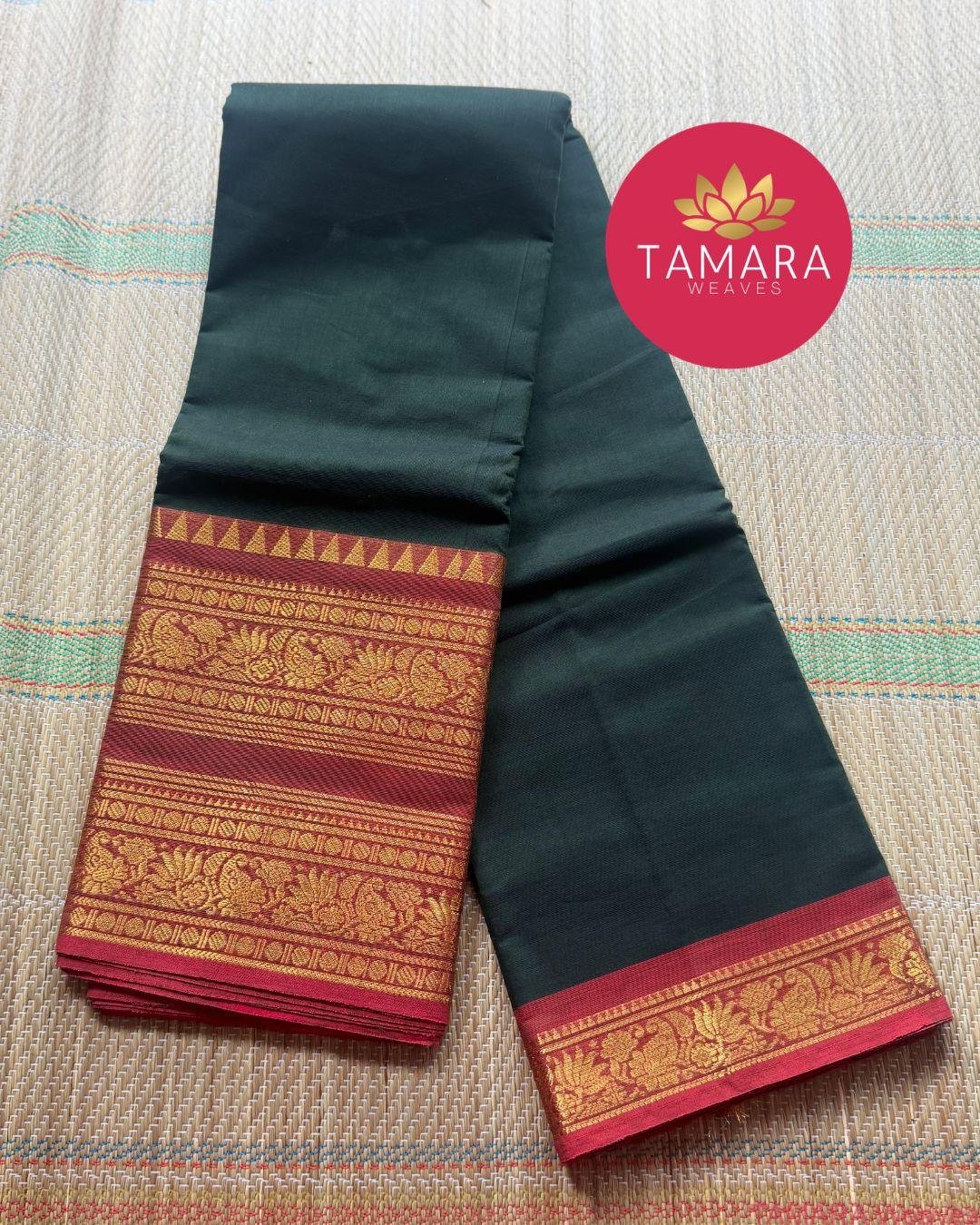 "Dark green kanchi cotton saree with red traditional border in Australia"