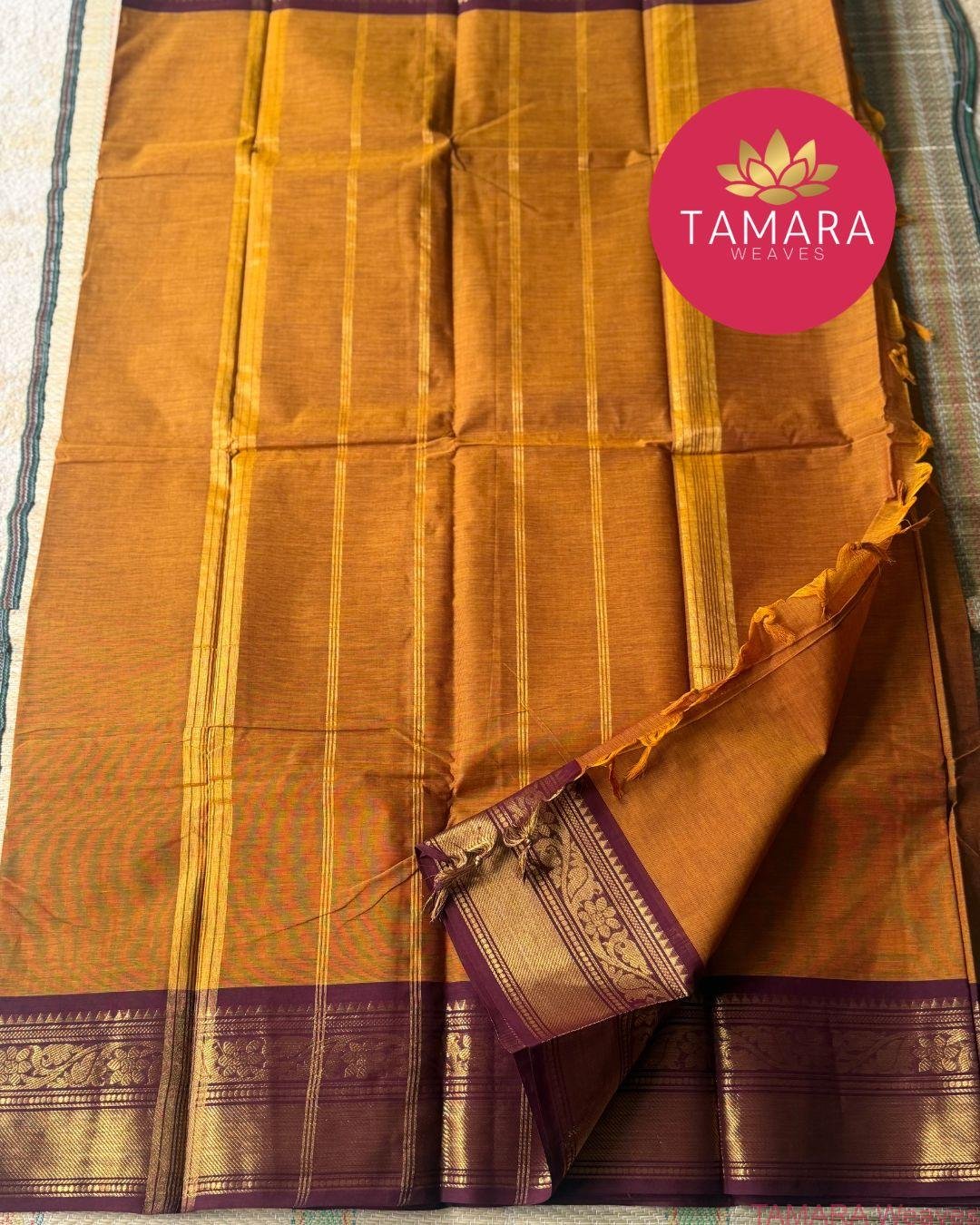 "Classic yellow kanchi cotton saree with coffee brown traditional border in Australia" - Image 3