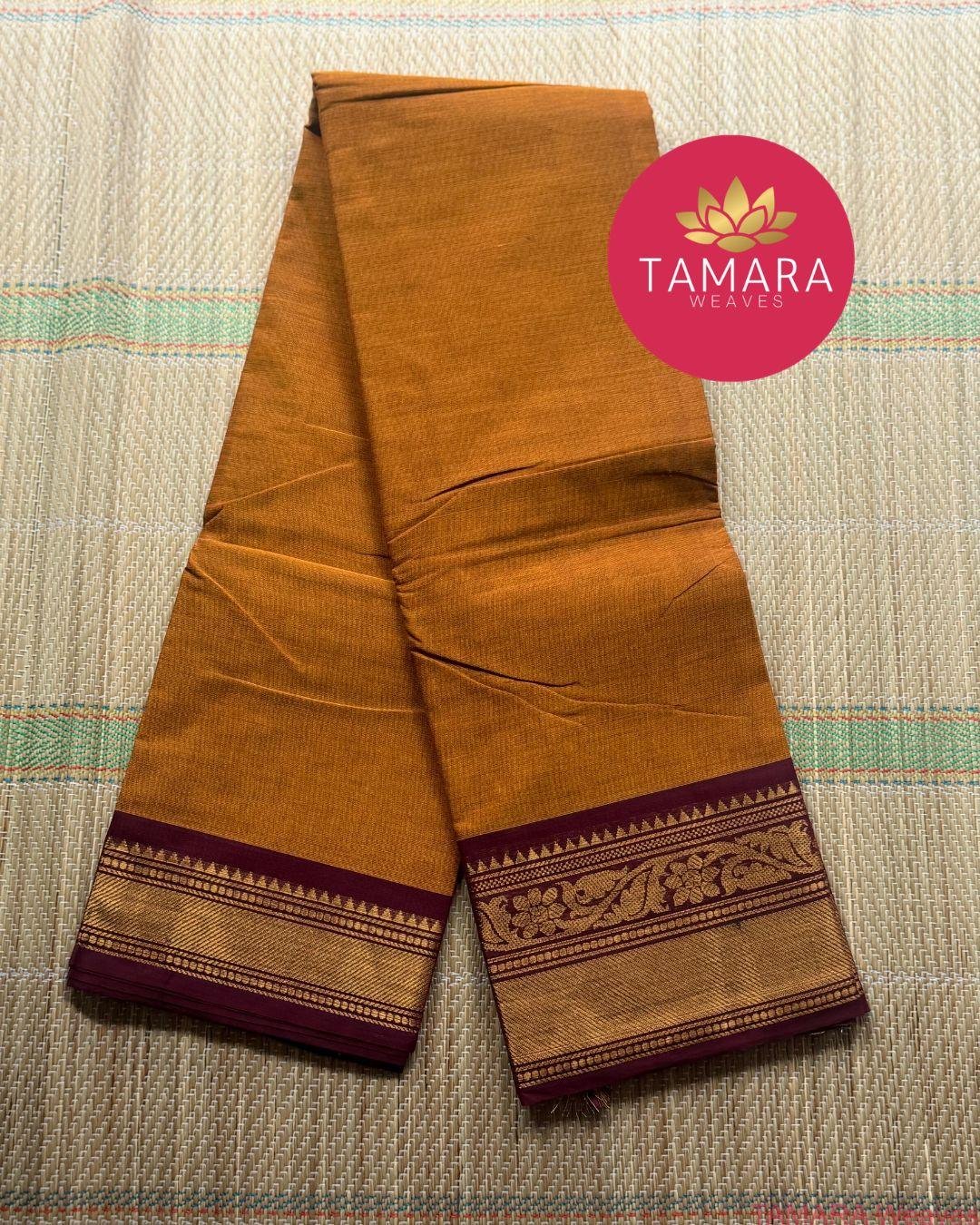 "Classic yellow kanchi cotton saree with coffee brown traditional border in Australia"