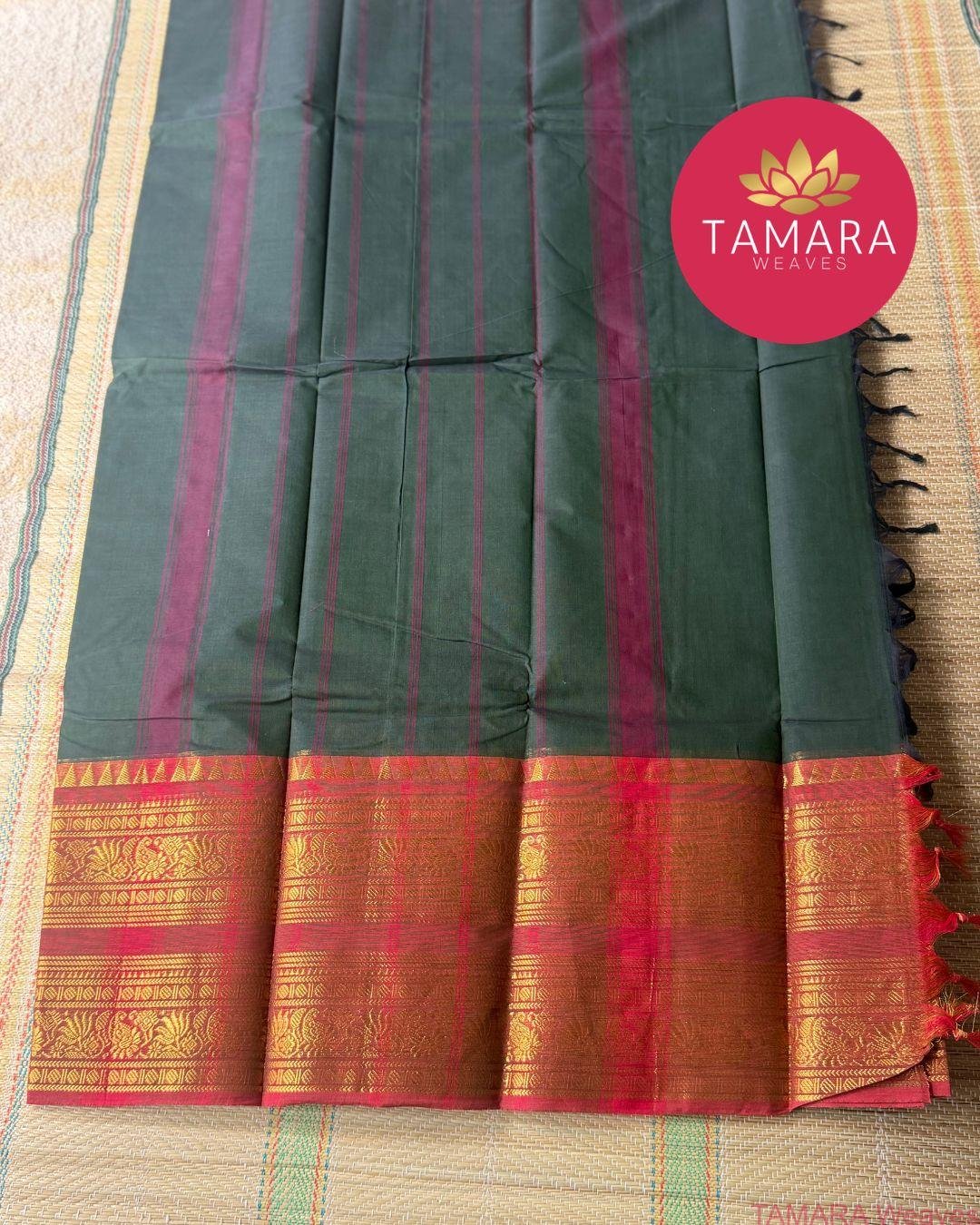 "Dark green kanchi cotton saree with red traditional border in Australia" - Image 3