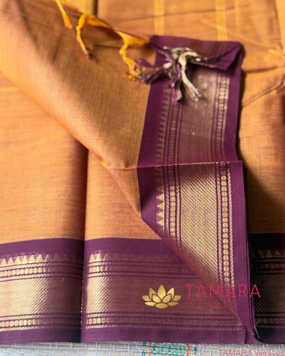 "Classic yellow kanchi cotton saree with coffee brown traditional border in Australia" - Image 2