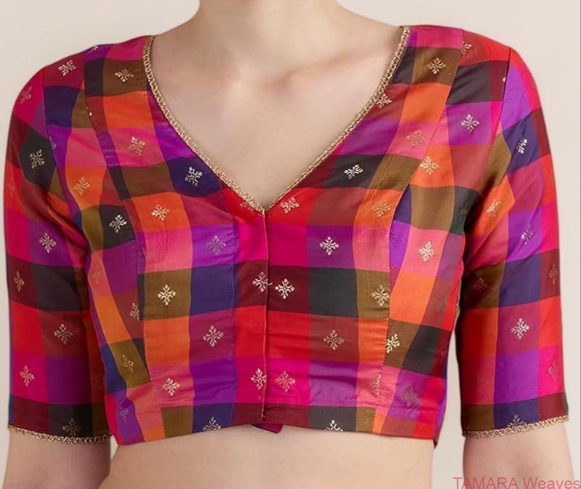 Multi-colour checks Pink Brocade Ready to wear Saree Blouse in Australia