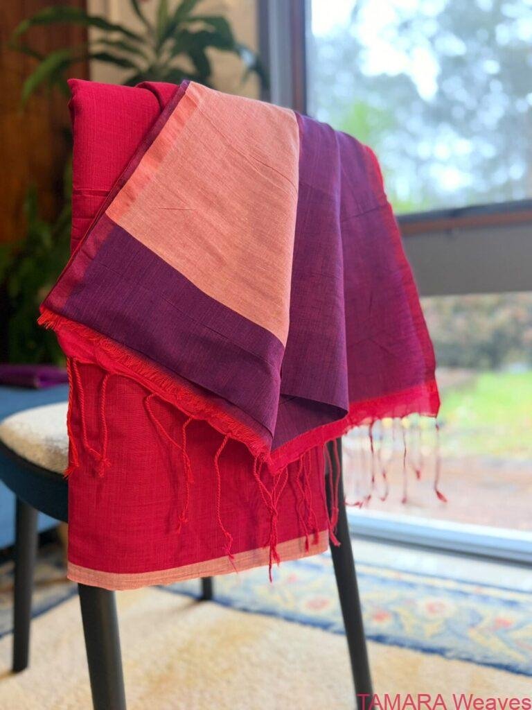 ANJALY Tri-colour pure cotton saree in Australia - Fuschia, Blush and Violet
