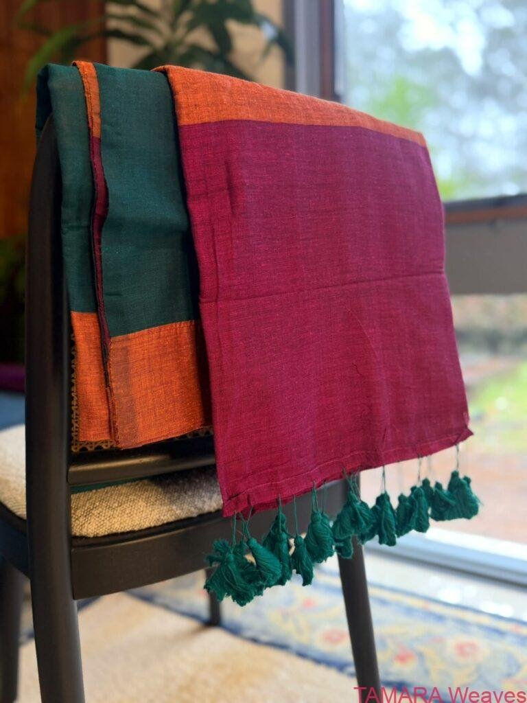 ANJALY Tri-colour pure cotton saree in Australia - Teal, Majenta, Mustard