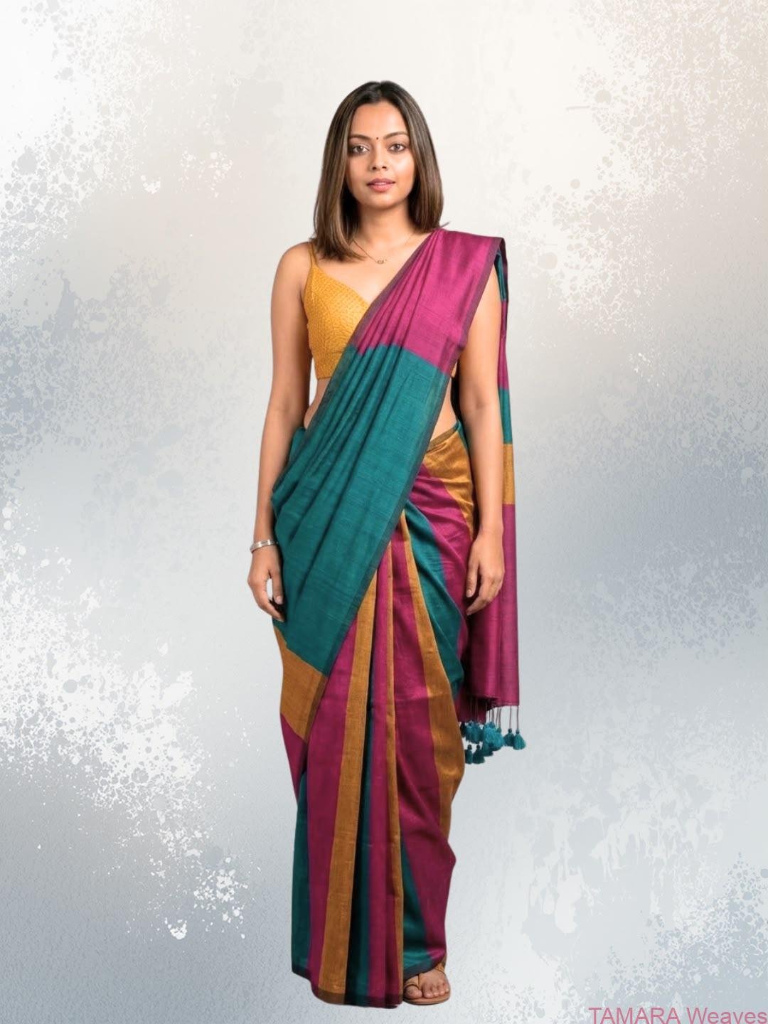 ANJALY Tri-colour pure cotton saree in Australia - Teal, Majenta, Mustard - Image 2